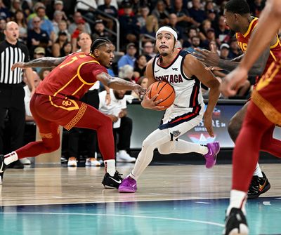 GU’s Ryan Nembhard drives against USC during an exhibition game on Saturday in Palm Desert, Calif.  (COLIN MULVANY/THE SPOKESMAN-REVIEW)