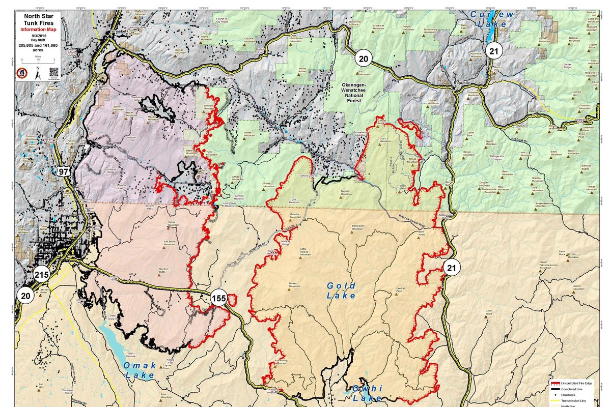 Map shows coverage on Sept. 4, 2015, of North Star and Turk wildfires across the Colville Indian Reservation and north into national forest lands in northeastern Washington. (U.S. Forest Service)