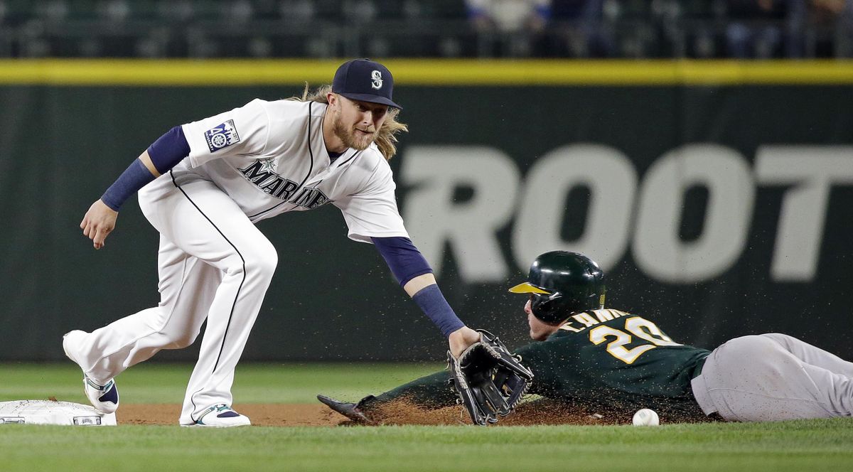 Oakland’s Mark Canha, right, slides safely into second base for a stolen base as Seattle Mariners second baseman Taylor Motter waits for the throw Tuesday in Seattle. (Elaine Thompson / Associated Press)