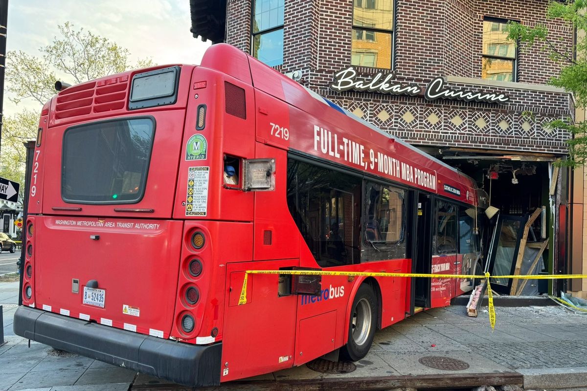 A bus slammed into an unoccupied restaurant in northwest Washington, D.C. at the intersection of 7th and Q streets NW on Saturday, local emergency services said. No major structural integrity issues were found after the bus was removed, DC Fire and EMS Department said on X. Four patients were evaluated for injuries. (Provided by DC Fire and EMS Depa)