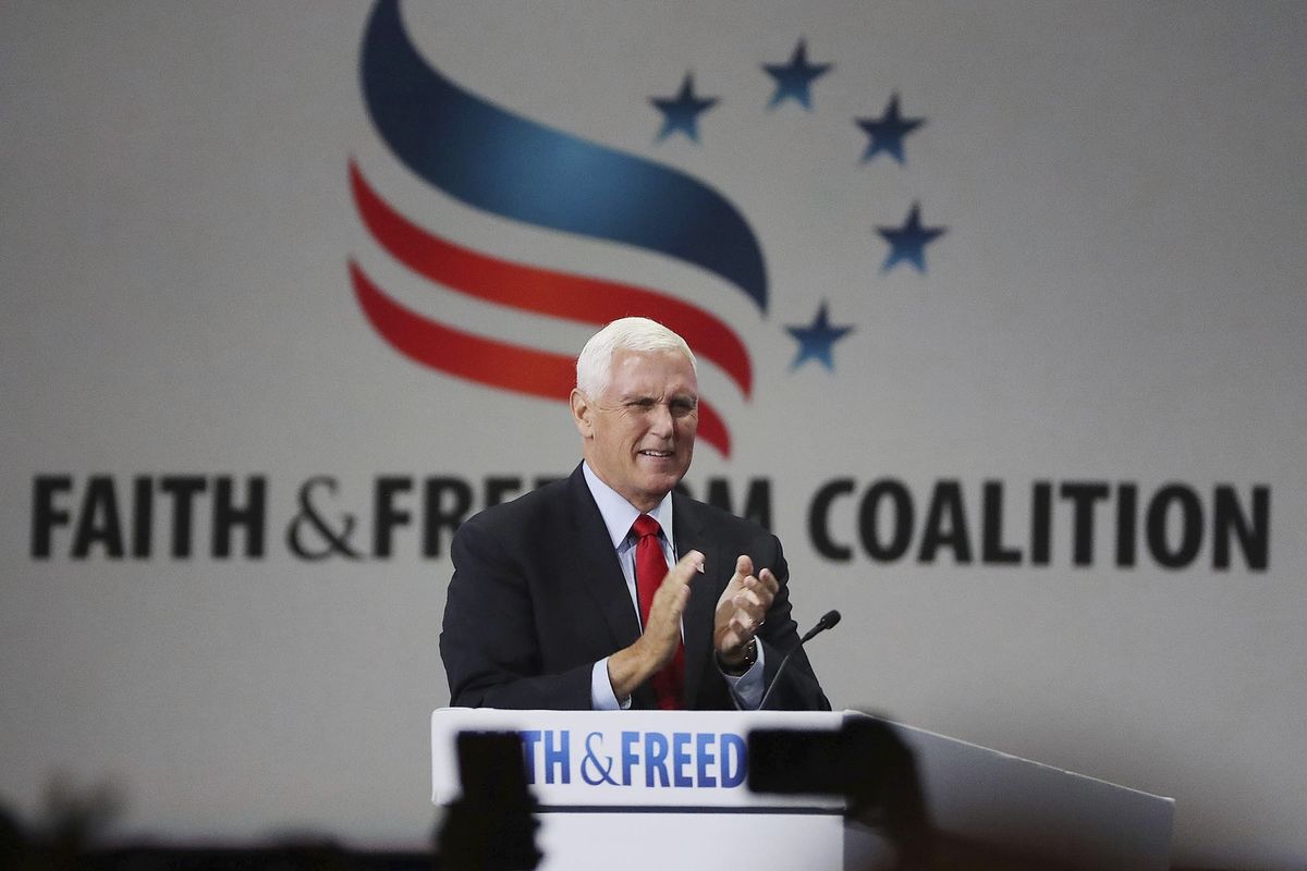 Former vice president Mike Pence speaks during the Road to Majority convention at Gaylord Palms Resort & Convention Center in Kissimmee, Fla., on Friday, June 18, 2021.  (Stephen M. Dowell)
