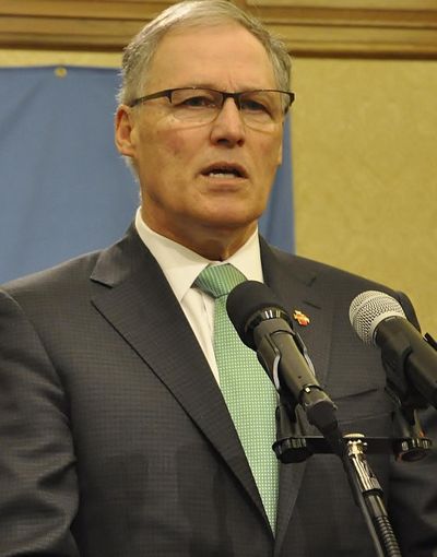 OLYMPIA – Gov. Jay Inslee addresses a press conference in February. (Jim Camden / The Spokesman-Review)