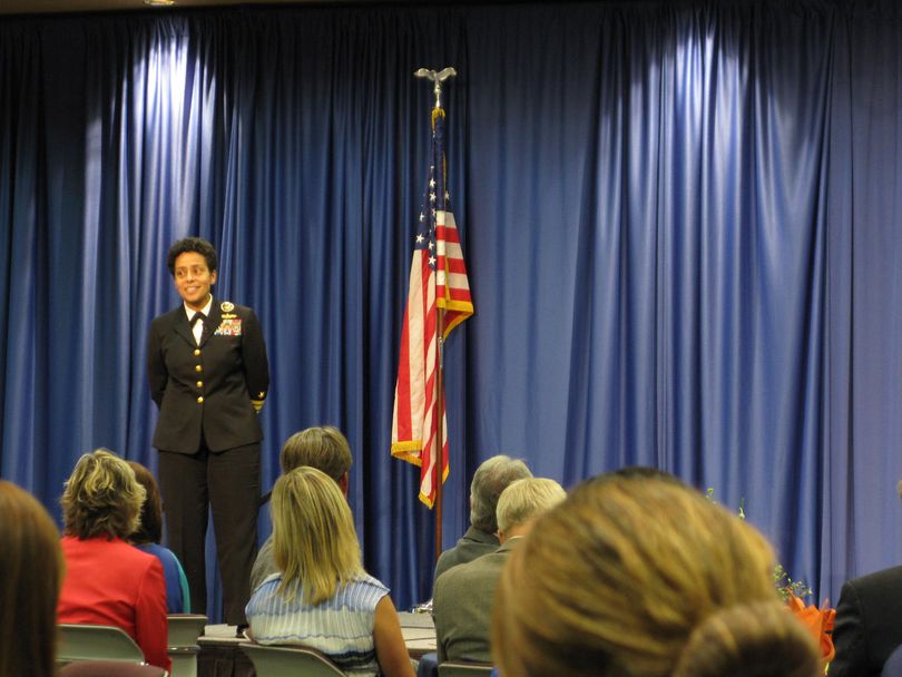 Four-star Admiral Michelle Howard addresses a crowd of more than 800 at the Andrus Center Conference on Women and Leadership in Boise (Betsy Russell)