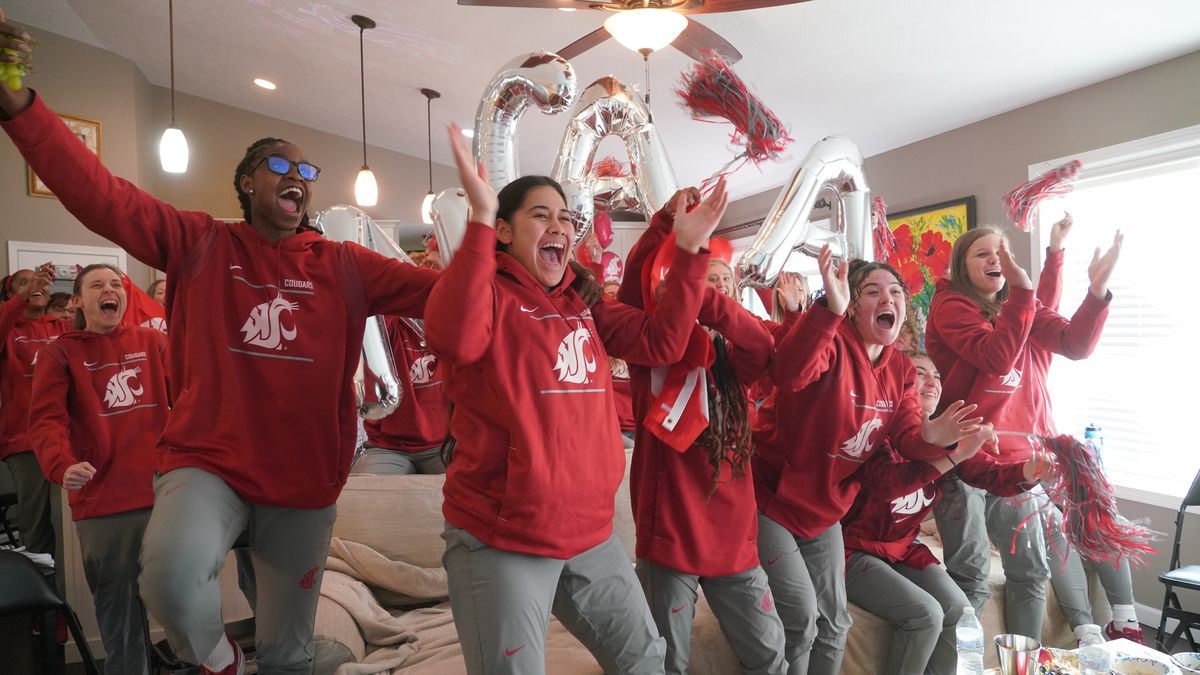 The Washington State women’s basketball team celebrate their NCAA Tournament berth Sunday.  (Courtesy of WSU Athletics)
