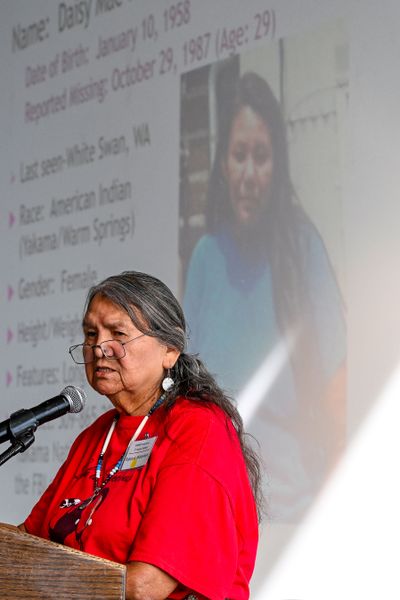 Keynote speaker Patricia Whitefoot of the Yakama Tribe talks about her sister, Daisy Mae Heath, who went missing in 1987, during the Washington State Missing and Murdered Indigenous Women and People Summit on Wednesday at the Northern Quest Resort and Casino.  (COLIN MULVANY/THE SPOKESMAN-REVIEW)