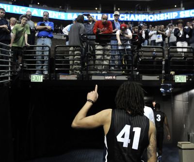 Senior Steven Gray leaves the court for the last time wearing a Gonzaga uniform after losing to BYU, March 19, 2011, at the Pepsi Center in Denver, Colorado. (Dan Pelle / The Spokesman-Review)