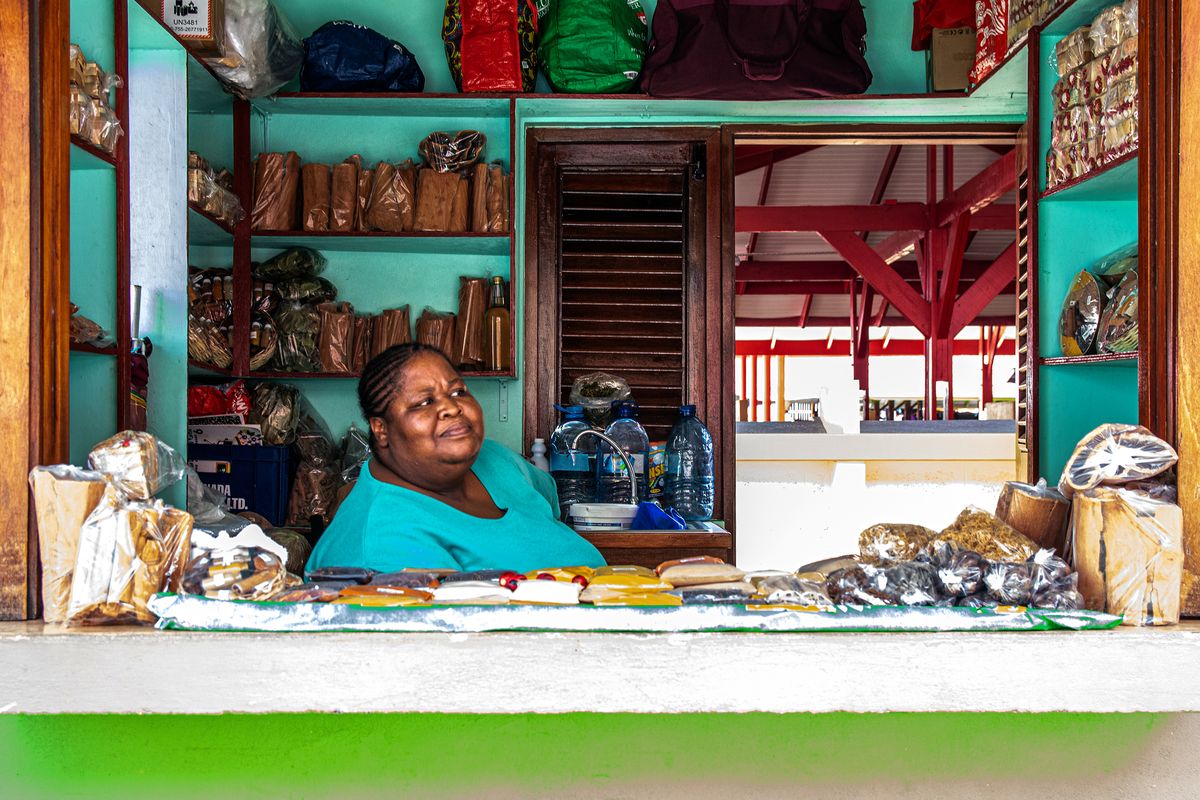 A spice vendor’s stall at Market Square in St. George’s, Grenada.  (Nevin Martell Washington Post)