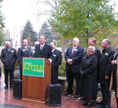Idaho Lt. Gov. Brad Little, joined by legislators and state elected officials, announces his re-election campaign Friday in Boise's Capitol Park. (Betsy Russell / The Spokesman-Review)