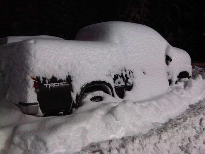 Pickup covered with new snow at 49 Degrees North parking lot at 6 a.m. Saturday Nov. 19. (Courtesy photo)