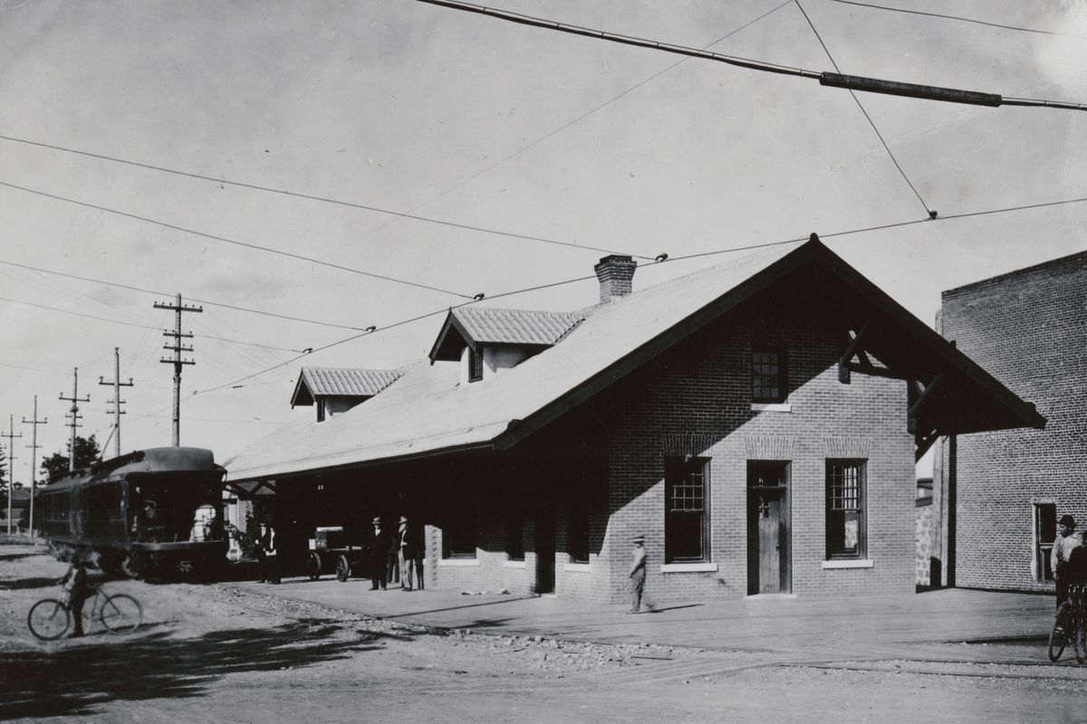 Circa 1908: A short electric train of just a few cars approaches the Cheney depot built in 1908 after a new company, Spokane Interurban Railway, completed the 11-mile section to Cheney from the Hayford stop on the Washington Water Power train line to Medical Lake. Several times a day, slow-moving cars with passengers and cargo took about an hour to go from Spokane to Cheney. (COURTESY MAC)