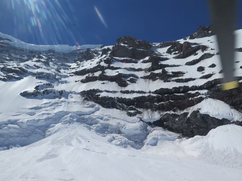 This photo provided by the National Park Service shows the Liberty Ridge area of Mount Rainier as viewed from the Carbon Glacier on Saturday. Six climbers headed to Liberty Peak are presumed dead. (Associated Press)