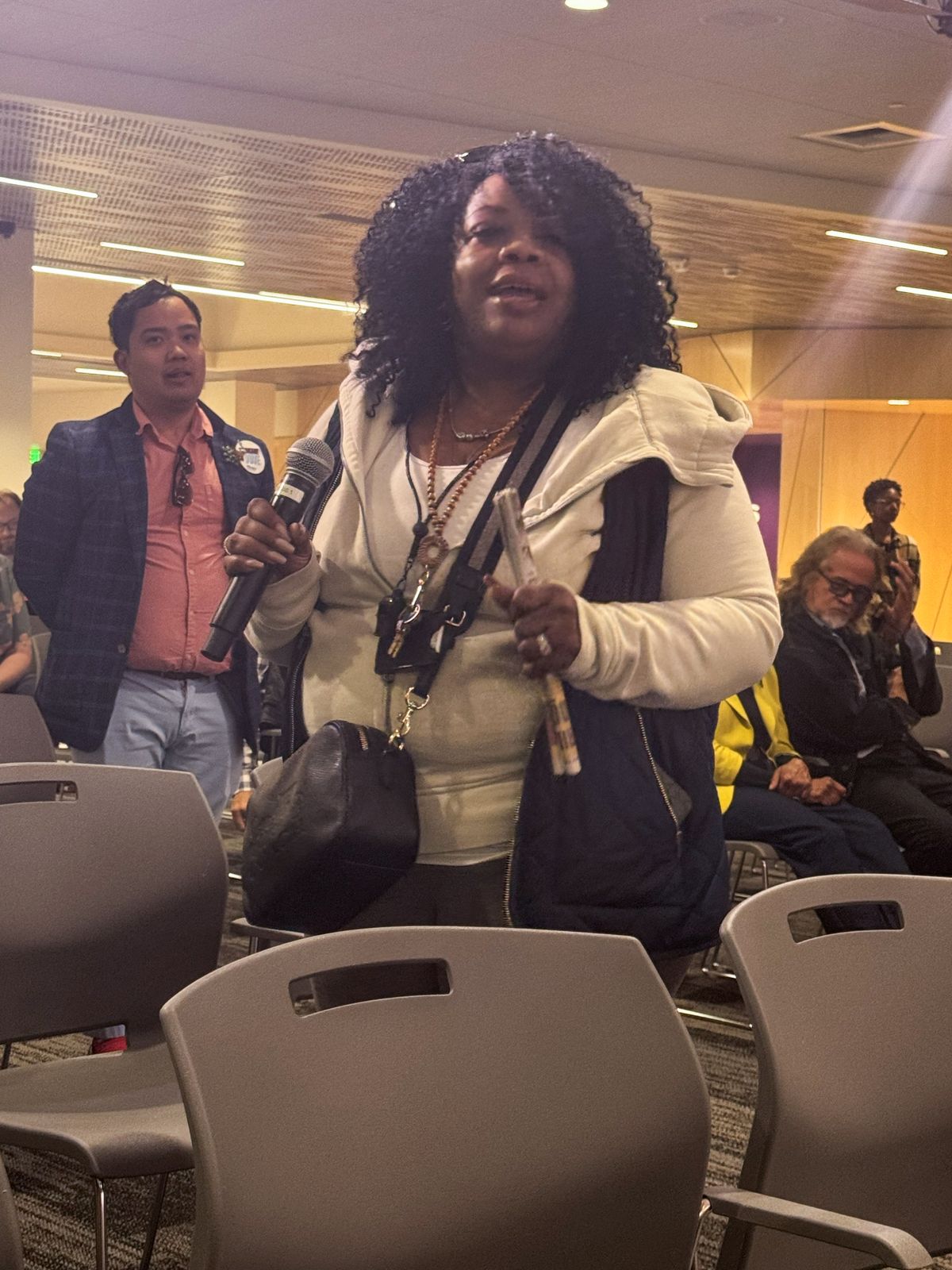 Connie Knipprath, a Sacajawea teacher and SPS parent speaks out at the NAACP Town Hall on March 20.  (Robert Lloyd/The Black Lens)