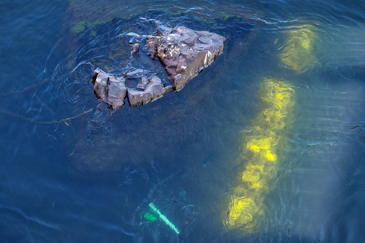 A Lime scooter (bottom, center) lies beneath the surface of the Spokane River under the Post Street Bridge. (Dan Pelle / The Spokesman-Review)