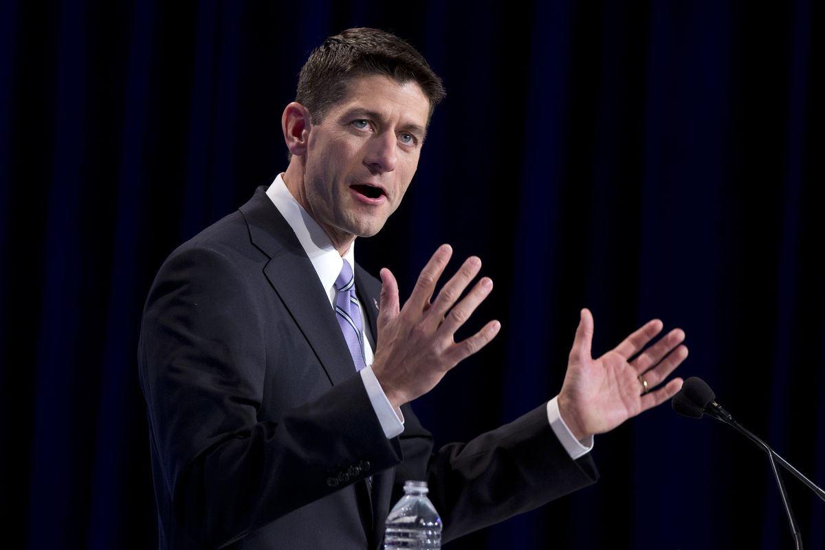 Republican vice presidential candidate, Rep. Paul Ryan, R- Wis. gestures while speaking at the Values Voters Summit in Washington, Friday, Sept. 14, 2012. (Evan Vucci / Associated Press)