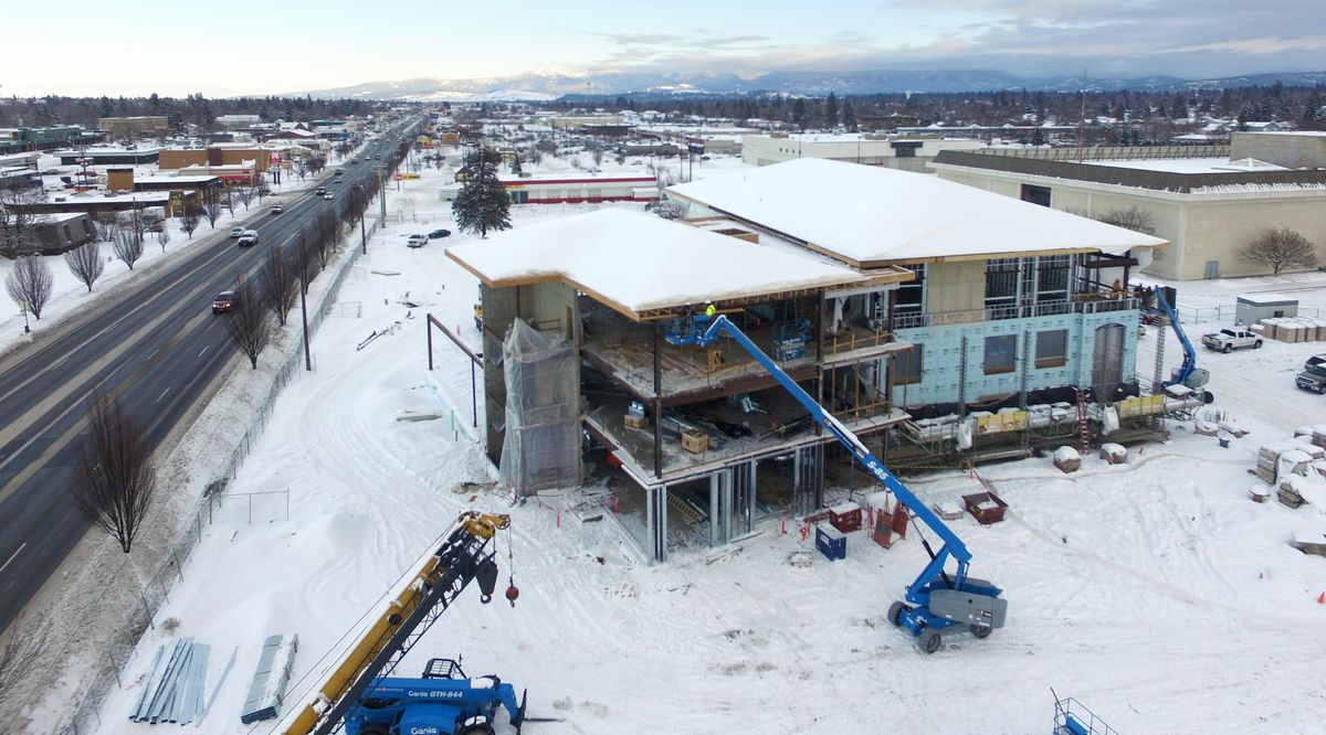 The new Spokane Valley City Hall is taking shape on the corner of the former University City Mall, shown Wednesday, Jan. 11, 2017. The three-story structure is halfway to completion. Plans call for the building to be ready in August 2017. (Jesse Tinsley / The Spokesman-Review)