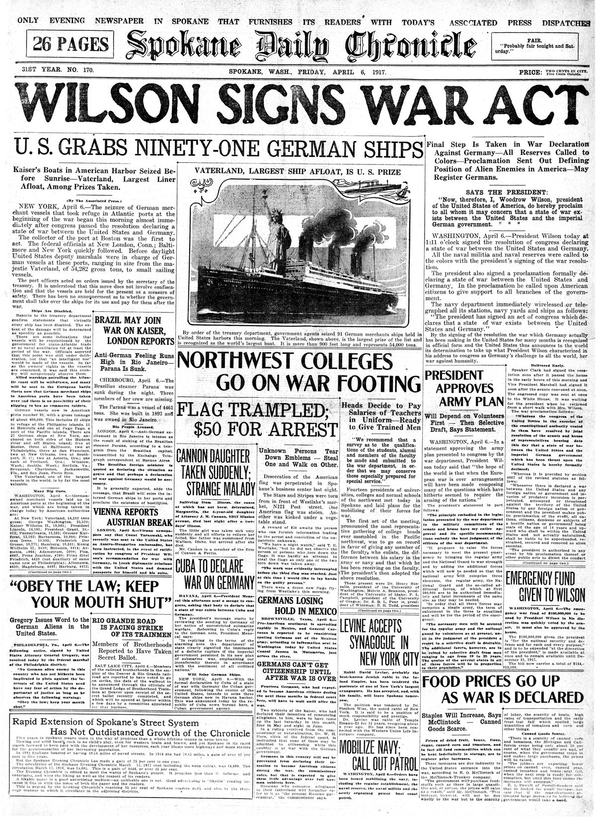 Front page of The Spokane Daily Chronicle’s April 6, 1917, newspaper.  (The Spokesman-Review)