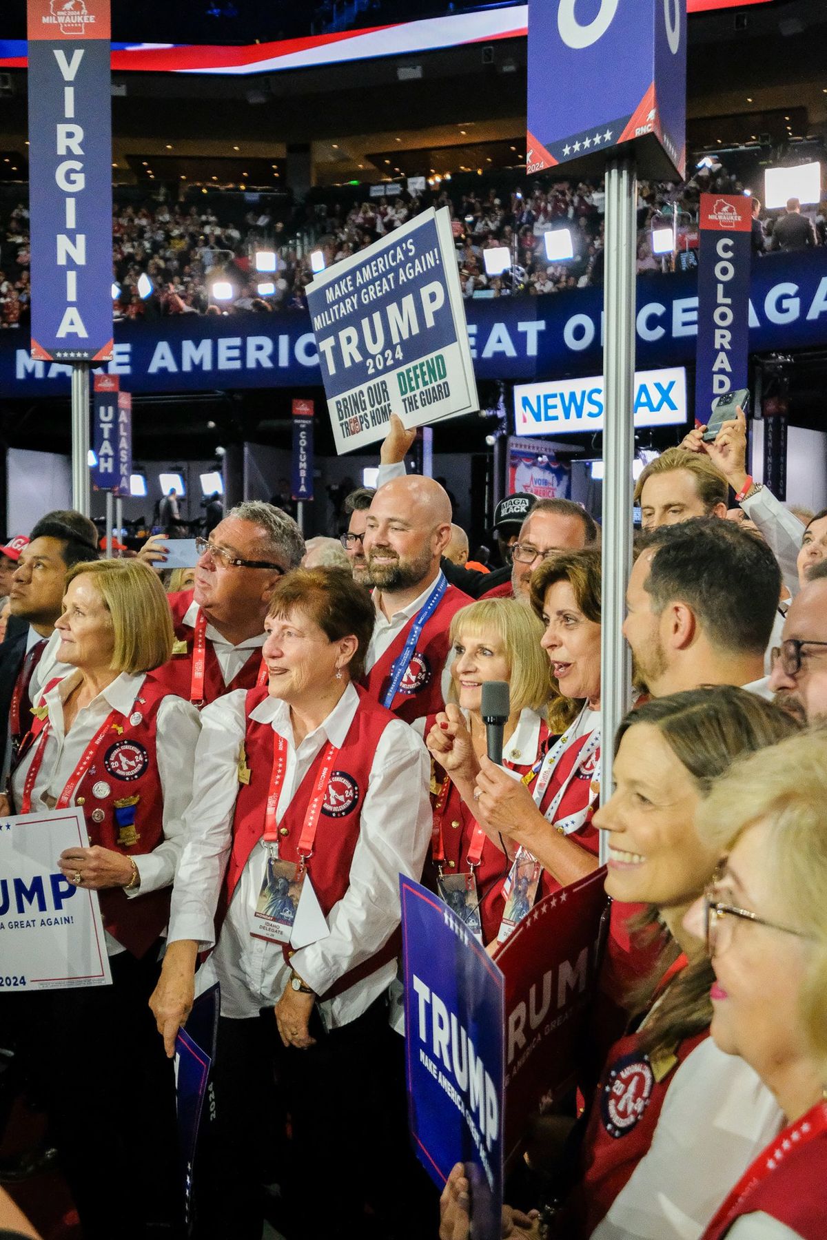 Idaho GOP Dorothy Moon, center, speaks to officially nominate Donald Trump during the roll call at the Republican National Convention in Milwaukee on July 15, 2024.  (Orion Donovan Smith/The Spokesman-Review)