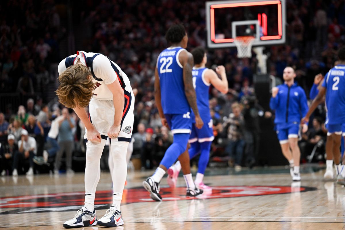 Gonzaga Bulldogs guard Dusty Stromer (4) reacts as time expires after a failed attempt to drive the ball down the court and score in the final moments of the overtime against the Kentucky Wildcats on Saturday, Dec. 7, 2024, at Climate Pledge Arena in Seattle, Wash. The Kentucky Wildcats won the game 90-89 in overtime.  (Tyler Tjomsland/The Spokesman-Review)