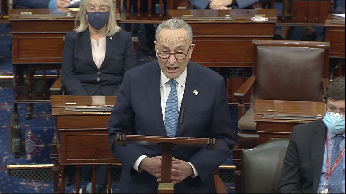 In this image from video, Senate Minority Leader Chuck Schumer of N.Y., speaks as the Senate reconvenes after protesters stormed into the U.S. Capitol on Wednesday, Jan. 6, 2021.  (HOGP)