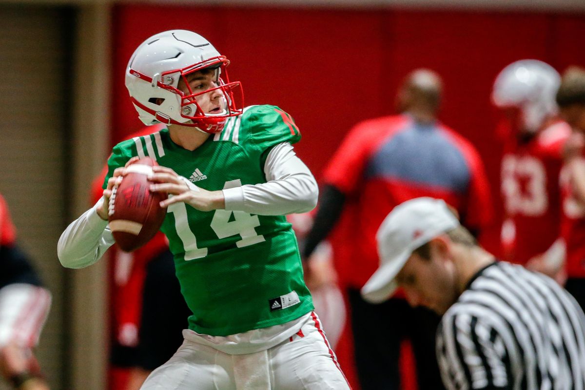 In this April 3, 2018, file photo, Nebraska quarterback Tristan Gebbia (14) throws during NCAA college football spring training in Lincoln, Neb. Spring practice is just past the midway point at Nebraska, and new coach Scott Frost is beginning to flesh out a quarterback pecking order. (Nati Harnik / Associated Press)