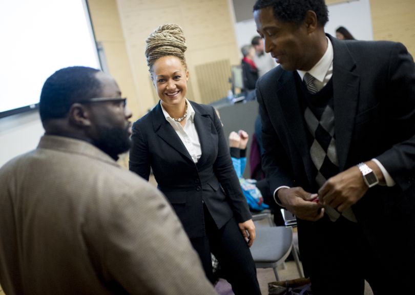 Rachel Dolezal, Spokane’s new NAACP president, meets with Joseph M. King of King’s Consulting, left, and Dr. Scott Finnie, director and senior professor of Eastern Washington University’s Africana Education Program, in January 2015 in Cheney. (Tyler Tjomsland)