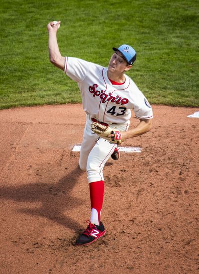 Indians starter Tai Tiedemann delivers against the Boise Hawks in the first inning on Father’s Day, Sunday, June 17, 2018, at Avista Stadium. Boise won 9-3. (Colin Mulvany / The Spokesman-Review)