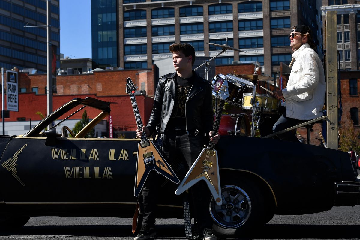 Guitarist/vocalist Johnny Symmes and drummer Noah Russell of Vella La Vella stand for a photo Tuesday in downtown Spokane.  (Tyler Tjomsland/The Spokesman-Review)