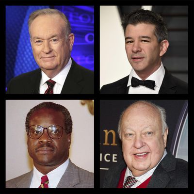 This combination of file photos shows top row from left, Fox News host Bill O'Reilly, Uber CEO Travis Kalanick; Bottom row from left, Supreme Court Justice Clarence Thomas, and former Fox News CEO Roger Ailes. (File / Associated Press)