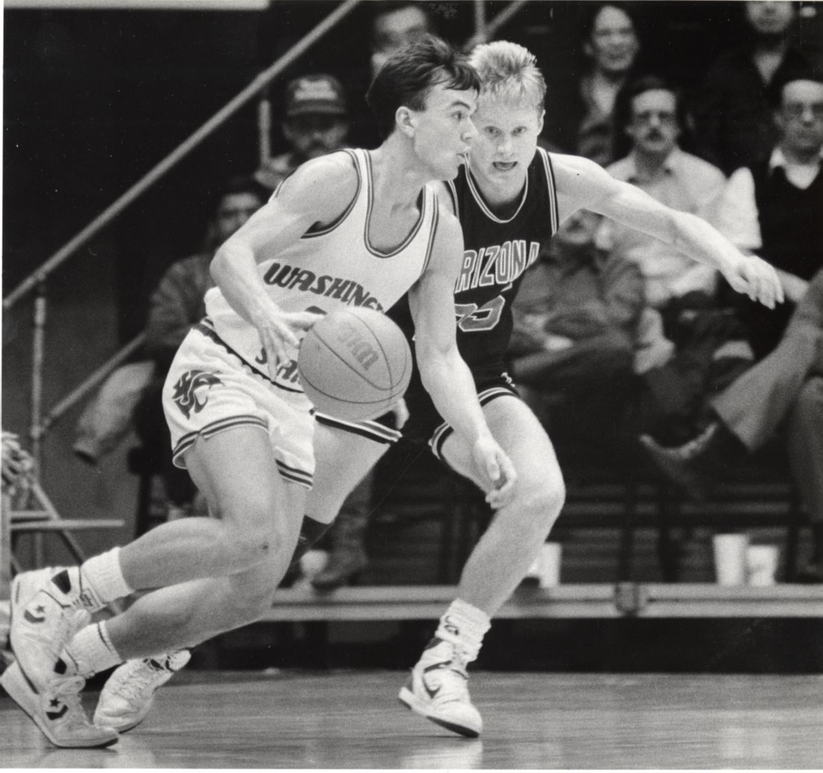 Then: Washington State’s David Sanders works against former Arizona, and NBA star, Steve Kerr. (Archives / The Spokesman-Review)