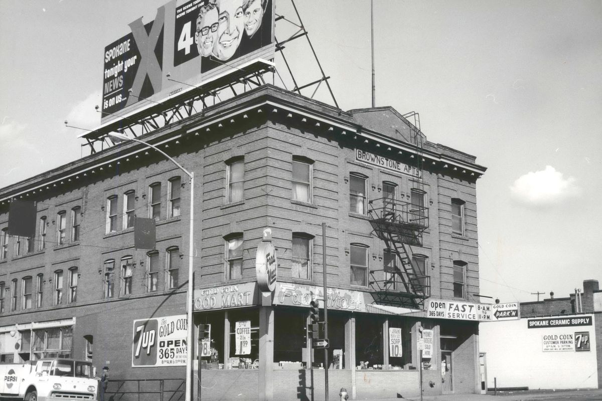 1973: The Brownstone Apartments and the Gold Coin Food Mart are in a neat three-story building, built in 1910, at Third Avenue and Browne Street. The building was purchased in 1973 by Harrison William “Bill” Semro, the longtime owner of Gold Coin grocery, which has been in this location since 1936. (SPOKESMAN-REVIEW PHOTO ARCHIVE / SPOKESMAN-REVIEW PHOTO ARCHIVE)
