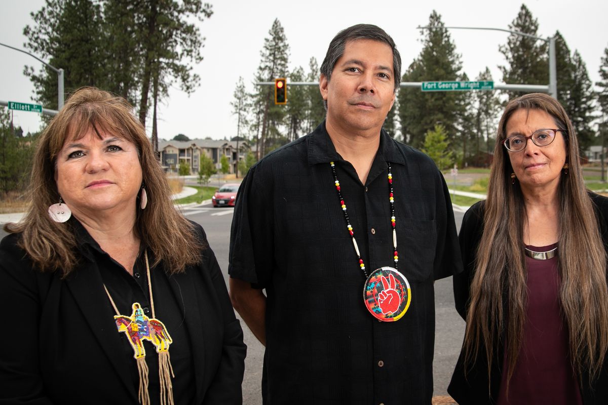 Spokane Tribal Council Chairwoman Carol Evans, far right, and Margo Hill and Jeff Ferguson, Spokane Tribal citizens, stand for a photograph in October 2020. Evans is among the the tribal leaders calling on Congress to extend a deadline to spend federal coronavirus assistance funds.   (Libby Kamrowski/ THE SPOKESMAN-REVIEW)