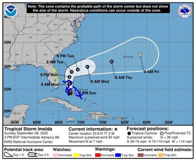 The current forecast cone for Tropical Storm Imelda.   (National Hurricane Center)