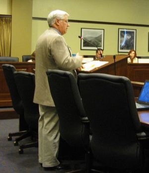 Rep. Dick Harwood, R-St. Maries, pitches the "Firearm Freedom Act" to the House State Affairs Committee on Thursday, exempting any Idaho-manufactured guns or ammunition from all federal laws and from registration requirements. The committee agreed to introduce his bill. (Betsy Russell)