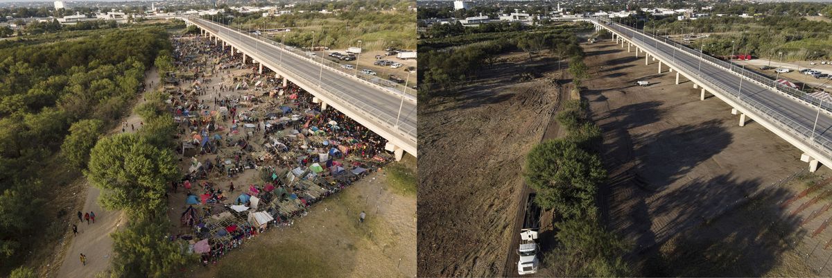 This photo combination shows an area where migrants, many from Haiti, were encamped along the Del Rio International Bridge on Tuesday, Sept. 21, 2021, and a photo showing the area after it was cleared off by authorities, Saturday, Sept. 25, 2021, in Del Rio, Texas.  (Julio Cortez)