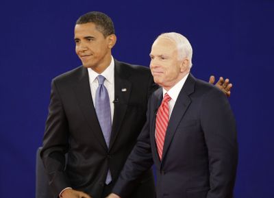 Sen. Barack Obama and Sen. John McCain stand together at the end of their debate.  (Associated Press / The Spokesman-Review)