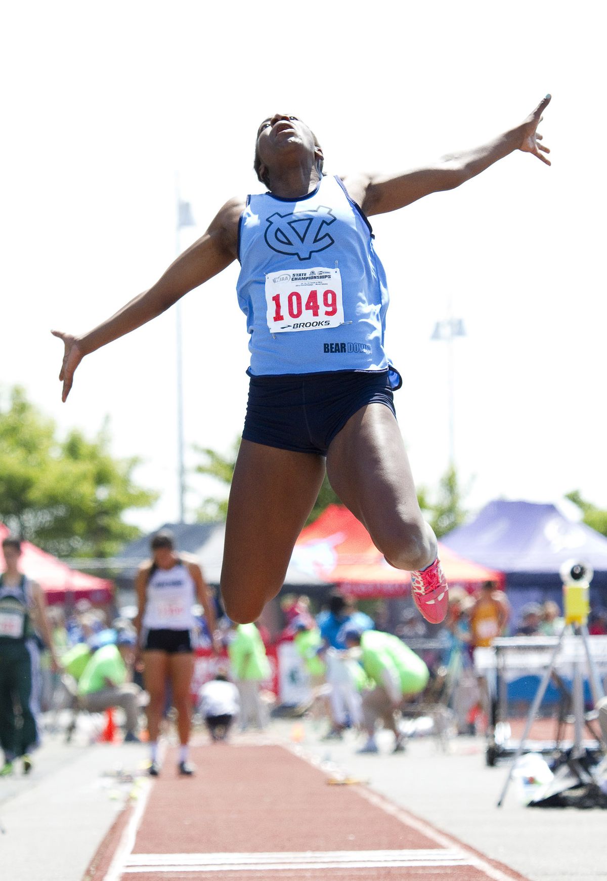 Central Valley’s Mariah Cunningham flew to third place in the girls 4A long jump at 17-10 3/4. (Patrick Hagerty photos)