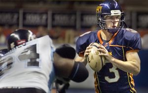 Shock quarterback #3 Kyle Rowley looks for his receivers Saturday August 19, 2006 in the Spokane Arena against the Arkansas Twisters.  CHRISTOPHER ANDERSON The Spokesman-Review (Christopher Anderson / The Spokesman-Review)