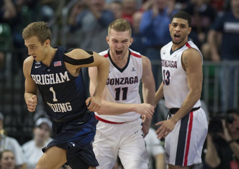 Gonzaga Bulldogs forward Domantas Sabonis (11) celebrates a 3-point shot during the first half of a West Coast Conference tournament NCAA college basketball game, Monday, March 7, 2016, in Las Vegas. (Colin Mulvany / The Spokesman-Review)