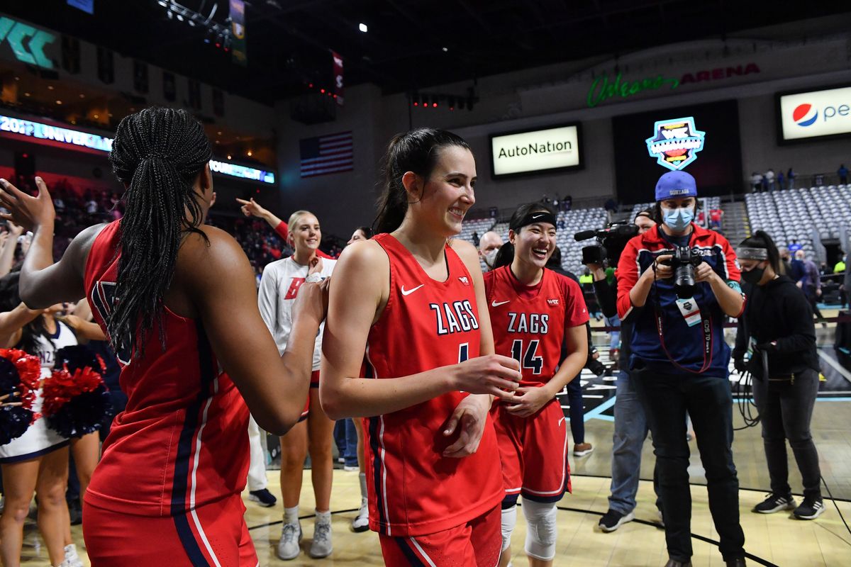 Gonzaga guard Abby O’Connor reacts after the Bulldogs defeated BYU 71-59 in the West Coast Conference Tournament championship March 8 at the Orleans in Las Vegas.  (Tyler Tjomsland/The Spokesman-Review)