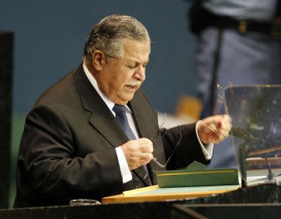 
Iraqi President  Jalal Talabani switches glasses Friday while addressing the United Nations General Assembly. 
 (Associated Press / The Spokesman-Review)