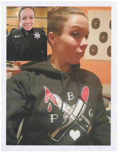 Former sheriff’s Deputy Erin Willey in her duty uniform, top left, and wearing a sweatshirt bearing a Proud Boys-affiliated logo. She has been dismissed from her job following an investigation, according to the Columbian. (Courtesy photo via the Columbian)