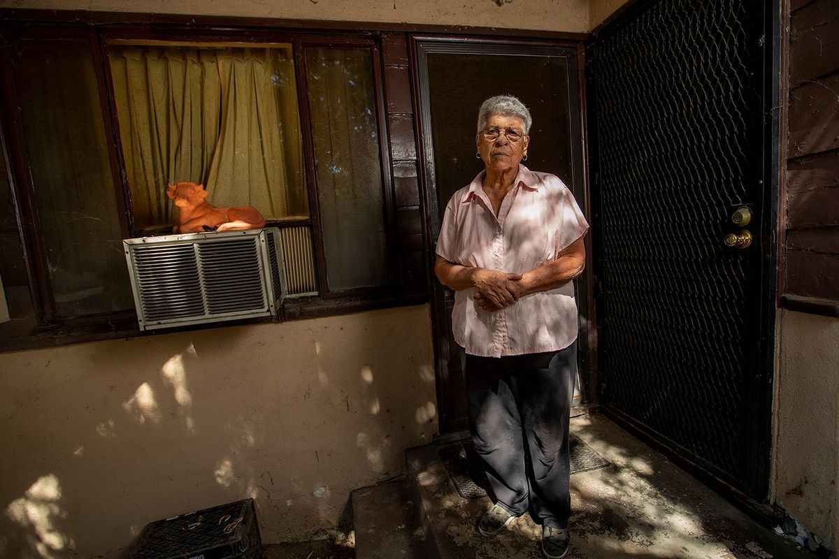 Cathy Livas stands in front of her North Hollywood apartment she has lived in for 40 years. She and her fellow tenants are facing eviction. (Mel Melcon/Los Angeles Times/TNS)