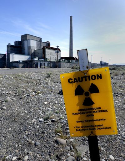 Signs remind visitors approaching the B Reactor on the Hanford Nuclear Reservation in Richland, Wash., in 2016.  (Los Angeles Times)