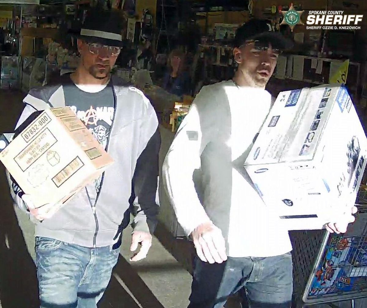 The Spokane County Sheriff’s Office looking for these two men who are accused of stealing security systems from a Spokane Valley story on April 4. (Courtesy Spokane County Sheriff’s Office)
