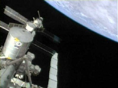 
A television camera on the Destiny module shows the international space station as the two docked crafts orbit the Earth on Sunday.
 (Associated Press / The Spokesman-Review)
