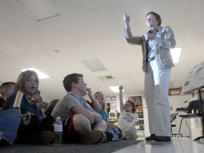 
Kim Brown from the Post Falls Historical Society speaks to fourth-graders in April. Brown has been involved with the 