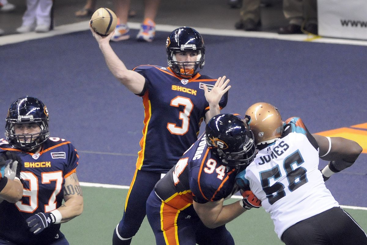 Spokane Shock quarterback  Kyle Rowley gets good protection from his line and completes a pass during early action against Arizona in the Spokane Arena Friday August 6, 2010. (Christopher Anderson / Spokesman-Review)