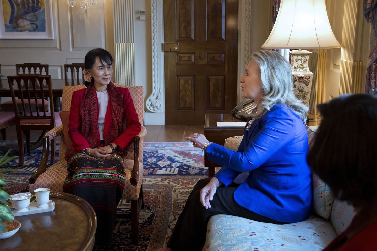 Secretary of State Hillary Rodham Clinton, right, meets with Myanmar democracy leader Aung San Suu Kyi at the State Department on Tuesday, Sept. 18, 2012 in Washington. (Evan Vucci / Ap )