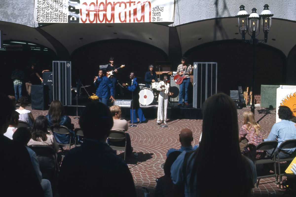 The pop trio Hues Corporation performs at a street festival held to support Expo ‘74 at the Parkade Plaza in Spokane on Sept. 17, 1971. The group, which would go on to record the No. 1 single “Don’t Rock the Boat” in the summer of 1974, was in town to perform at the Front Street Revue that weekend and played the gig for free.  (David and Becky Evans)