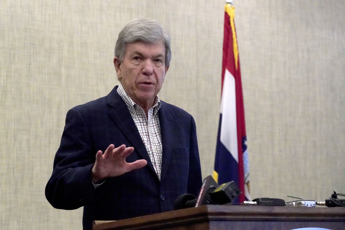 In this March 8, 2021, photo, Sen. Roy Blunt, R-Mo., holds a news conference at Springfield-Branson National Airport as he announces he will not seek a third term in the U.S. Senate in 2022.  (Jeff Roberson)